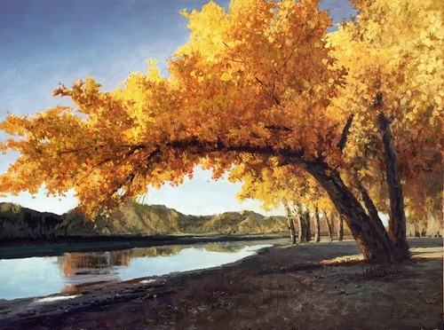 河畔的宁静,生命的绚烂——王春红油画作品《胡杨》鉴赏